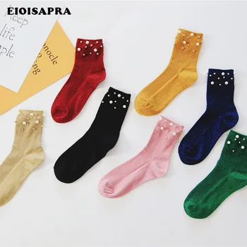 

[EIOISAPRA]Silver Bright Silk Pearl Korean Fashion Socks Women Japan Harajuku Meias Short Candy Color Calcetines Mujer