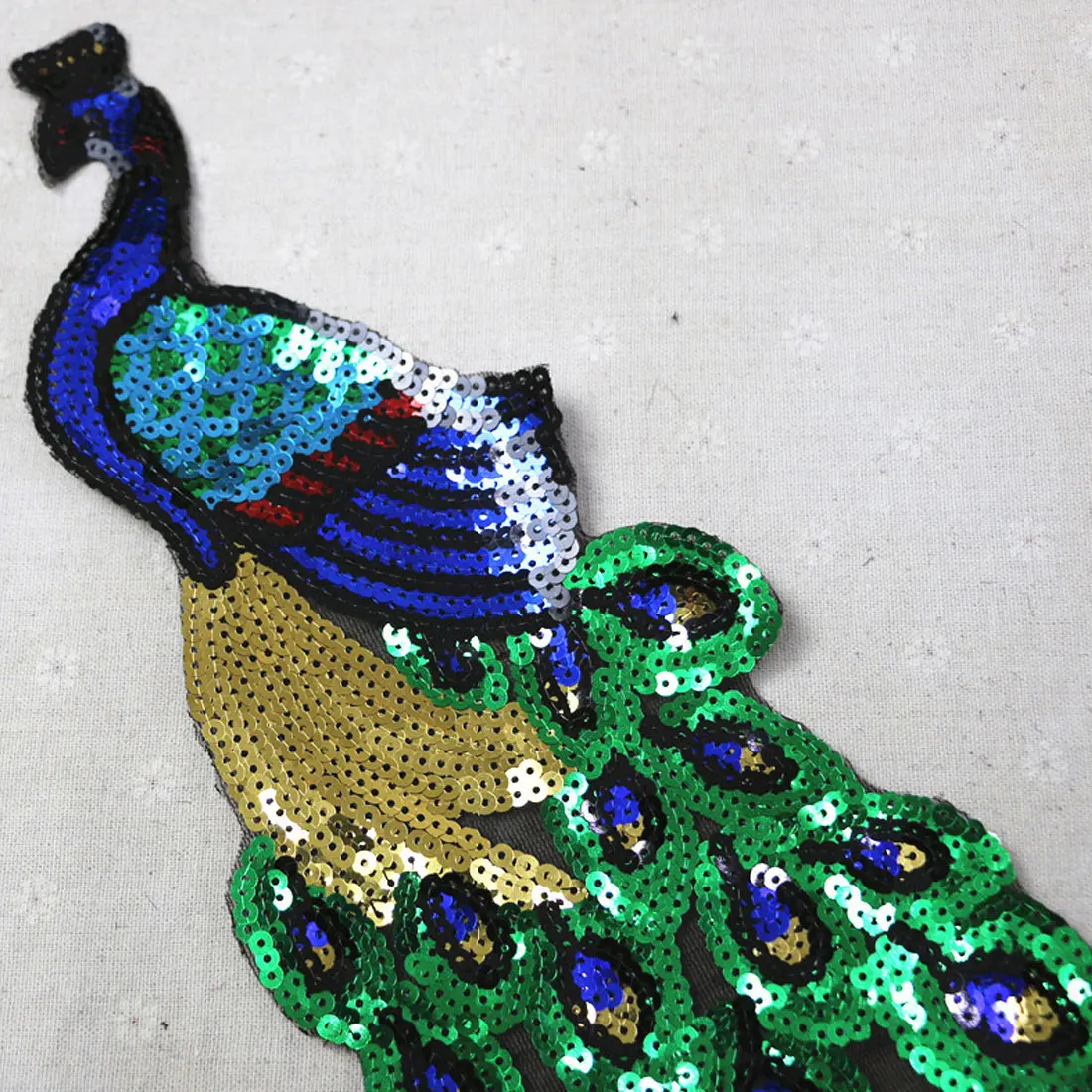 1Pcs Sequin Peacock Embroidery Fabric Large Applique Patch African Lace