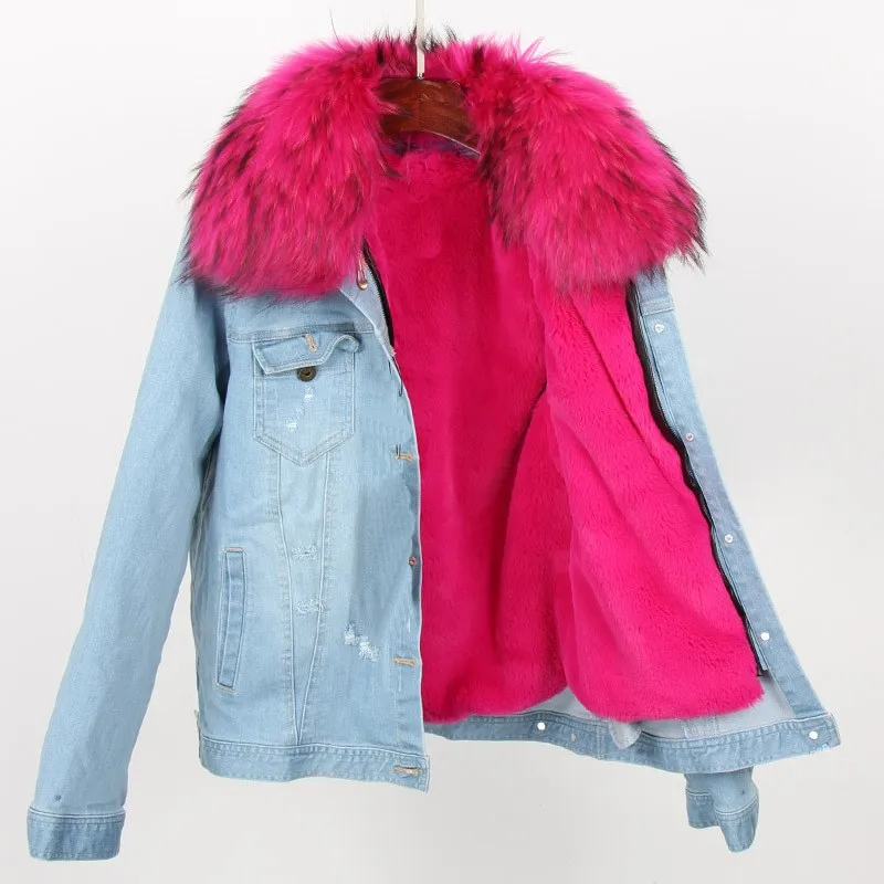 Толстая джинсовая куртка с подкладкой из искусственного меха, пальто с большим меховым воротником, Женское зимнее пальто, куртка с длинным рукавом и дырками, джинсовая куртка - Цвет: 18