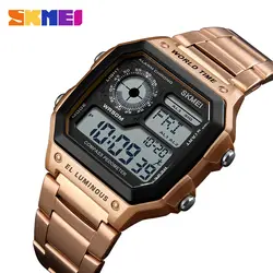 SKMEI Для мужчин площади цифровые часы цвета: золотистый, серебристый электронные наручные часы Reloj светодиодный водонепроницаемый компас