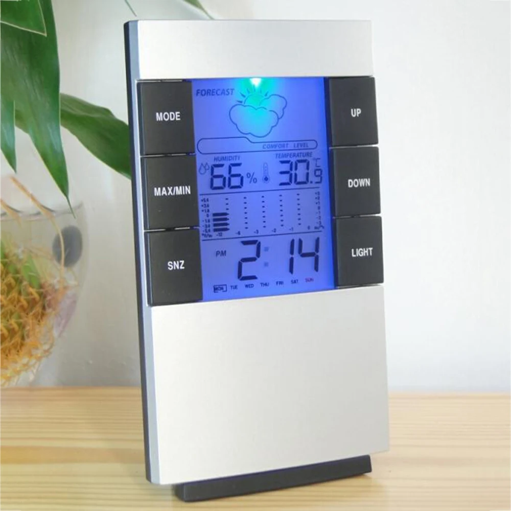 

Snooze Alarm Clock LCD Light Display Desktop Clock 4 Level Weather Forecast Automatic Adjust Calendar Electronic Weather Station