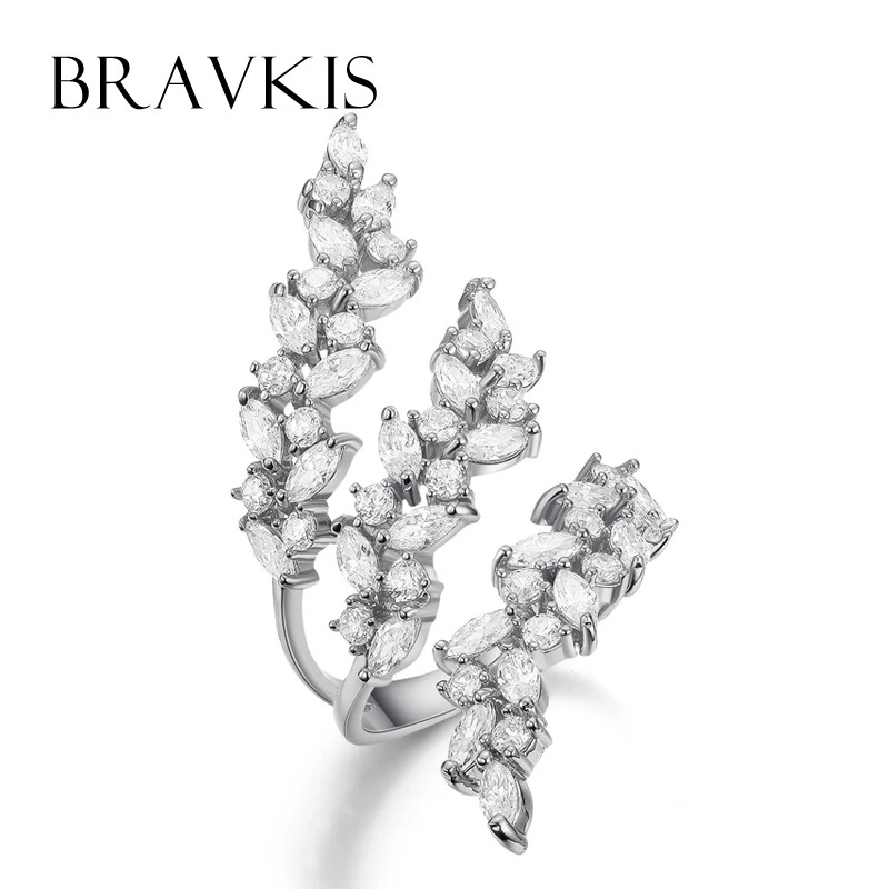BRAVKIS adjustable ring with crystals layer leaf ring cuff open rings for women hollow rings for