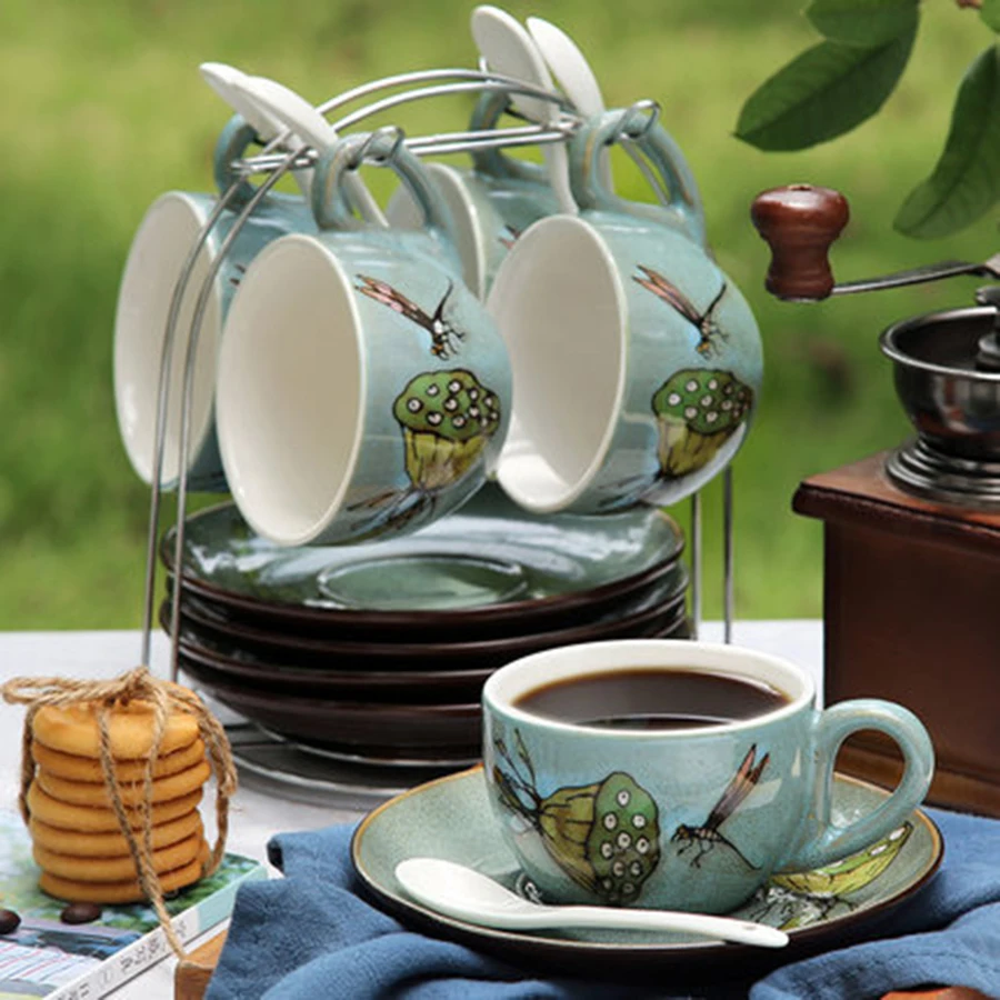

British European Retro Coffee Espresso Cup Saucer Set Painted China Tea Ceramic Elegant Beker Porcelein Decoration Teacups D6D14