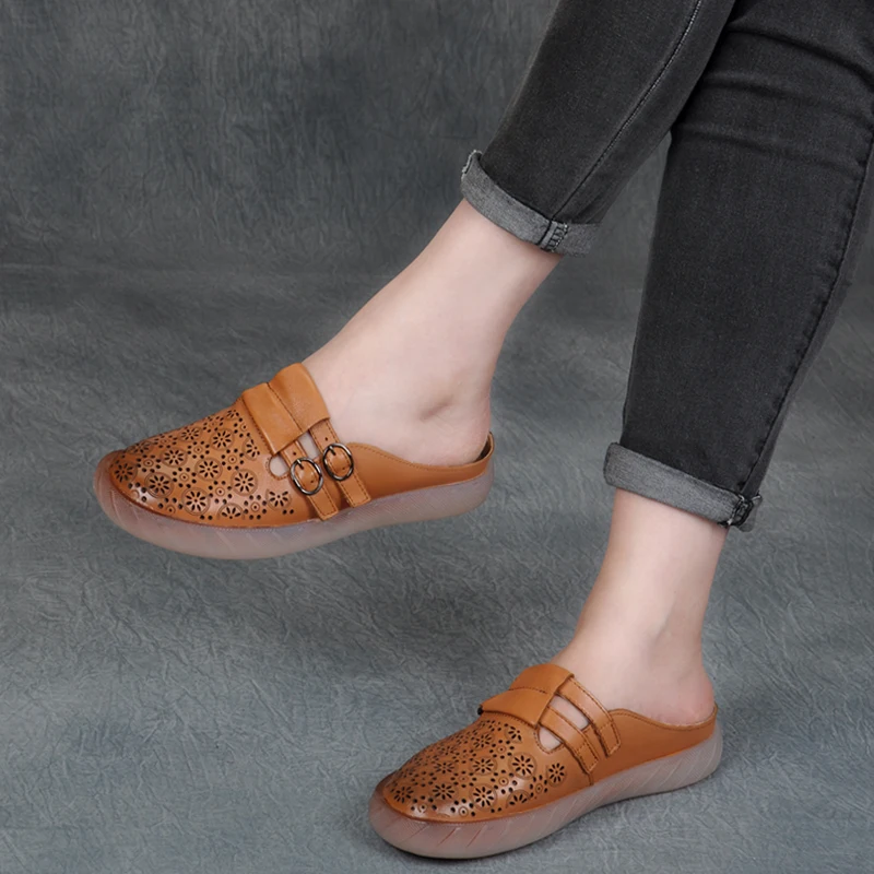 

Women Leather Slipper Wedge 2019 Summer Shoes Ladies Casual Slippers Flower Black Handmade Genuine Leather Women Outdoor Slipper