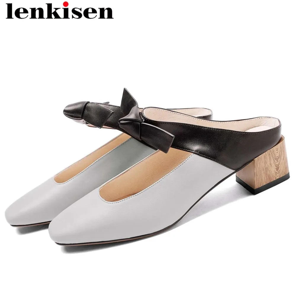 

Lenkisen Hollywood movie stars natural leather square toe mixed colors chunky high heels slip on mules butterfly-knot pumps L76
