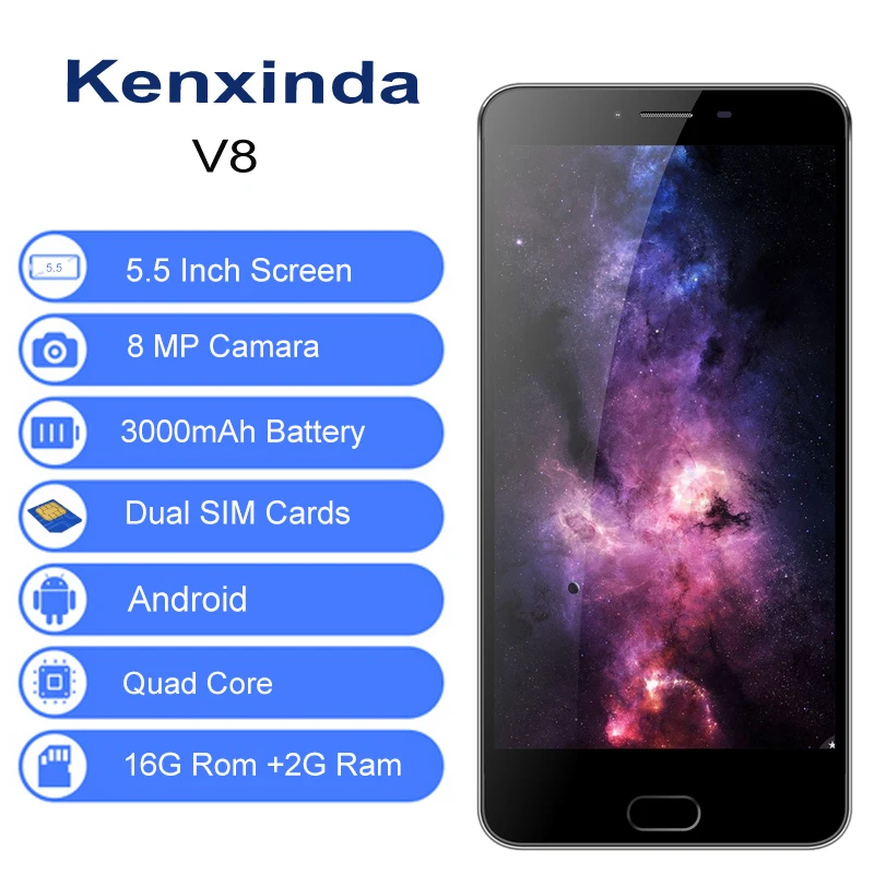 Original Kenxinda V8 4G 5.5 inch Fingerprint Mobile Phone 3000mAh Dual SIM Cards 16GB ROM Quad Core Android Smartphone+Earphone Original Kenxinda V8 4G 5.5 inch Fingerprint Mobile Phone 3000mAh Dual SIM Cards 16GB ROM Quad Core Android Smartphone+Earphone