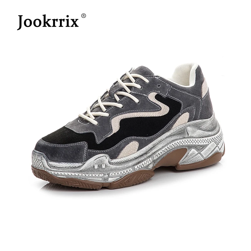 

Jookrrix Women White Leather Shoes Women Fashion Brand Chunky Sneakers Black Lady Female Cross-tied Gray Dad Sneakers C2062