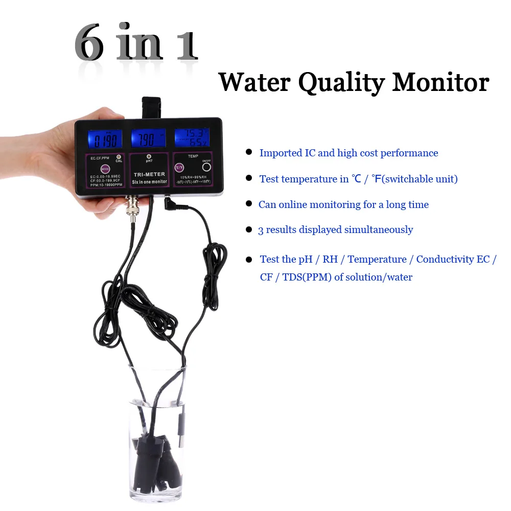 6 в 1 тест качества воды er монитор рН метр многопараметрический аквариумный счетчик воды для теста ph/температуры/EC/CF/RH/TDS