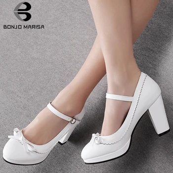 

BONJOMARISA women's Pumps Spring Autumn 2020 Shallow women's Bukle Shoes Round Toe Cute High Heels Pumps Size Plus 32-48