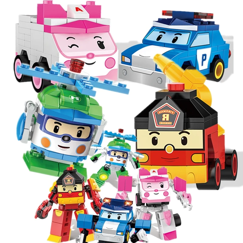 

Figure Creator Ideas robocar Police HELLY AMBER ROY Super Car Wings Building Blocks Model Sets Kid Compatible Legoings Duplo