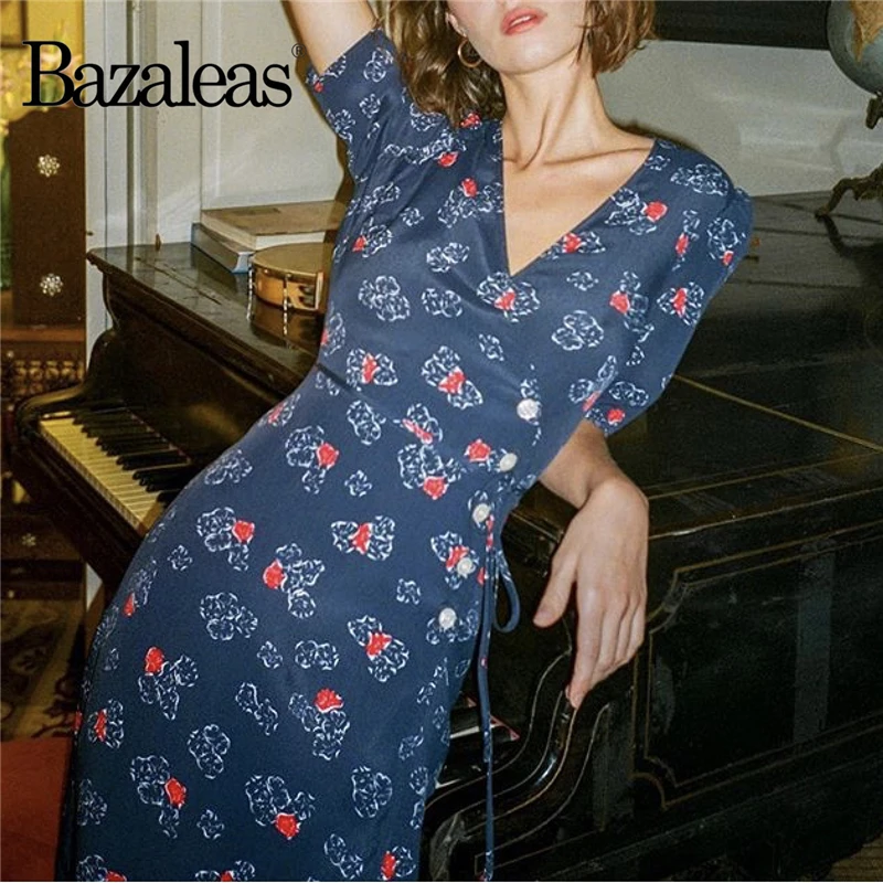Bazaleas летнее платье с принтом букета темно-синее платье миди с запахом спереди платья с короткими рукавами винтажные платья на пуговицах и завязках спереди