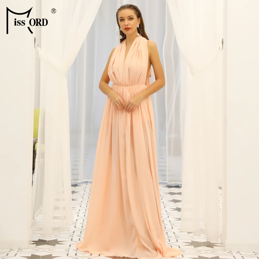 

Missord 2019 Women Summer Sexy Off Shoulder Backless Tie Chiffon Dresses Female Maxi Elegant Solid Color Dress FT18837-1