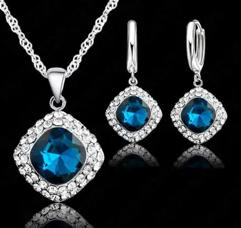 

Fashion 6 Colors 925 Sterling Silver Jewelry Set Short Chain Charm Pendant Necklace Earring Crystal Set for Women