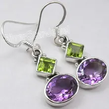 Plata PERIDOT Real y Amatistas 2 Pendientes de PIEDRA de Moda CALIENTE 3.4 CM
