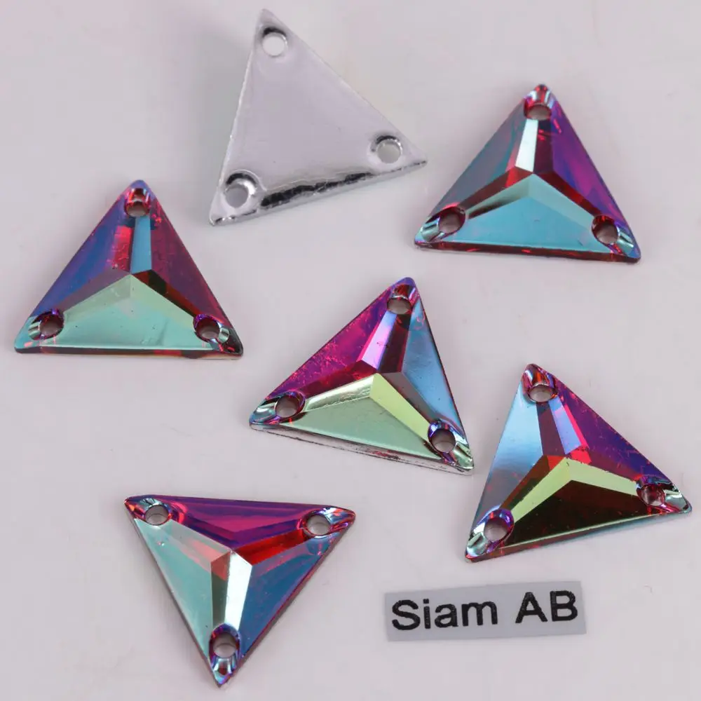Хорошее качество 12 мм, 16 мм, 22 мм цвета AB трехугольные полимерные Стразы для шитья с плоской задней частью пришивные камни