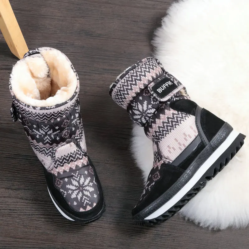 Grey snowflake winter shoes Boys boots warm plush fur buckle style fabric upper strong cow suede toe brand quality free shipping