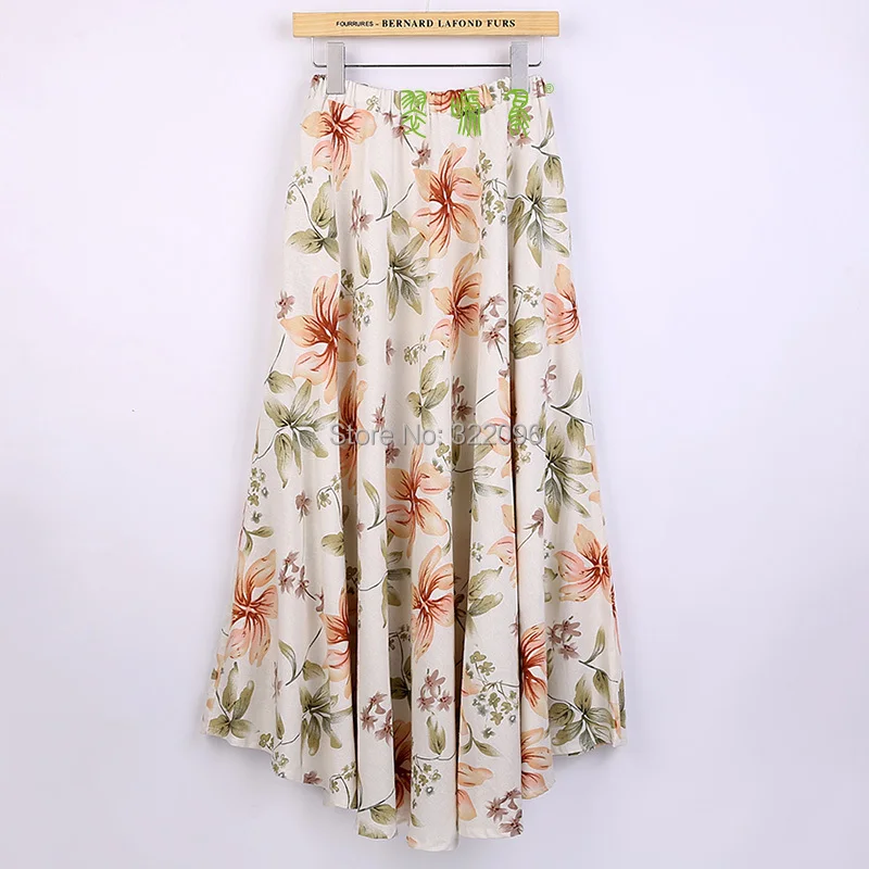 Shanghai Story Blend Linen Long Skirt Spring Skirt Chinese Style Lily Print Skirts Casual