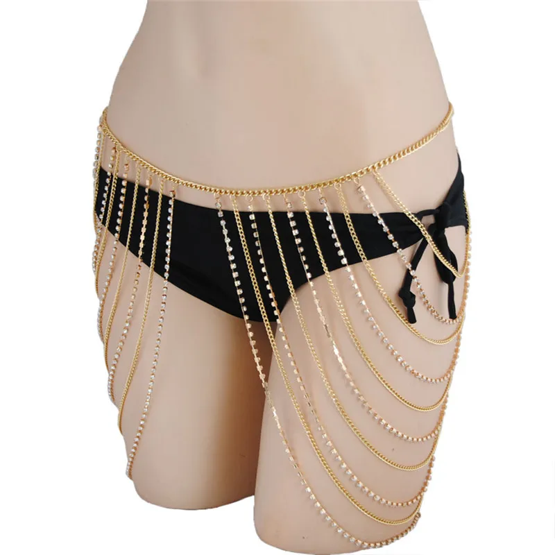  Gold Silver Rhinestones Multi Layers Body Chain Belly Chains Women Leg Thigh Harness Chain Summer B