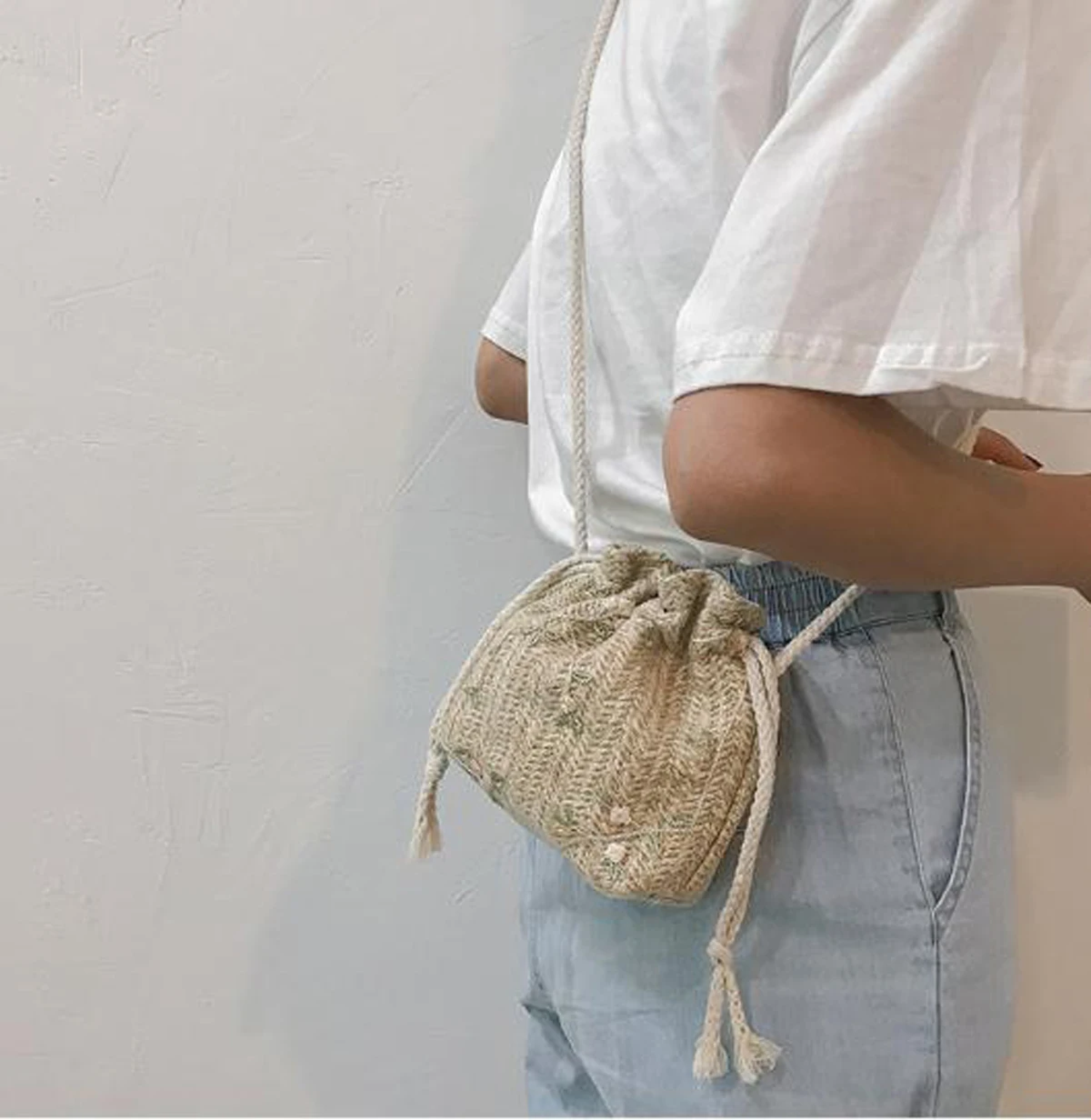 Женская соломенная сумка в стиле ретро, плетёная ротанговая сумка-ведро, вязаная сумка через плечо, Великобритания