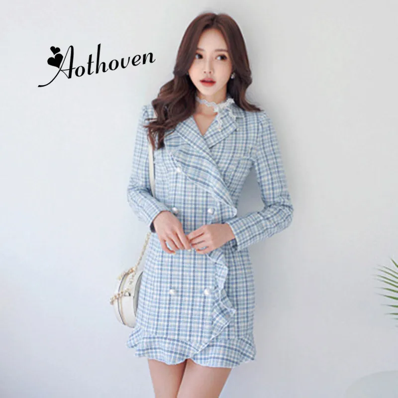 

2018 Plus Size Office Double Breasted Ruffles Dress Women Autumn Long Sleeve Office Notched Collar Dress Lady Vintage Dresses