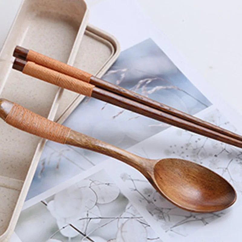 

Hot New 3 Pcs/Set Household Portable Tableware Box with Wooden Spoon Chopsticks @LS MA15