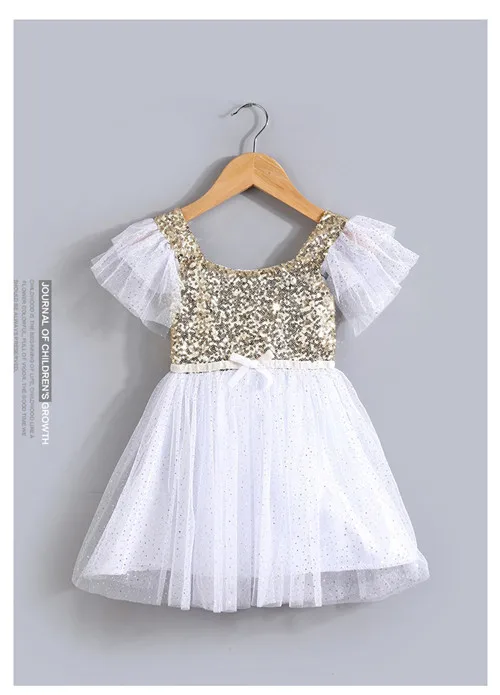 Платье принцессы с рукавами-лепестками для девочек, детские сетчатые Бальные платья с блестками, Детская праздничная одежда на выпускной - Цвет: Белый