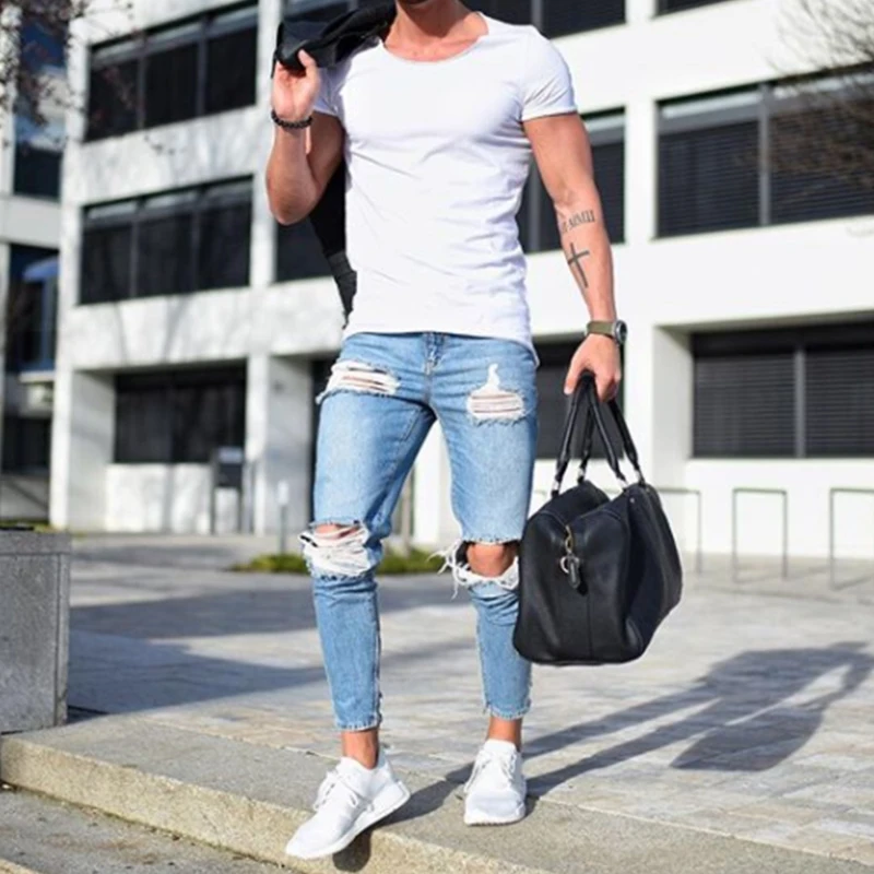 2018 Homens Elegantes Calcas Jeans Rasgado Biker Skinny Slim Reta Calcas Jeans Desgastados Novas Moda jeans skinny homens Roupas