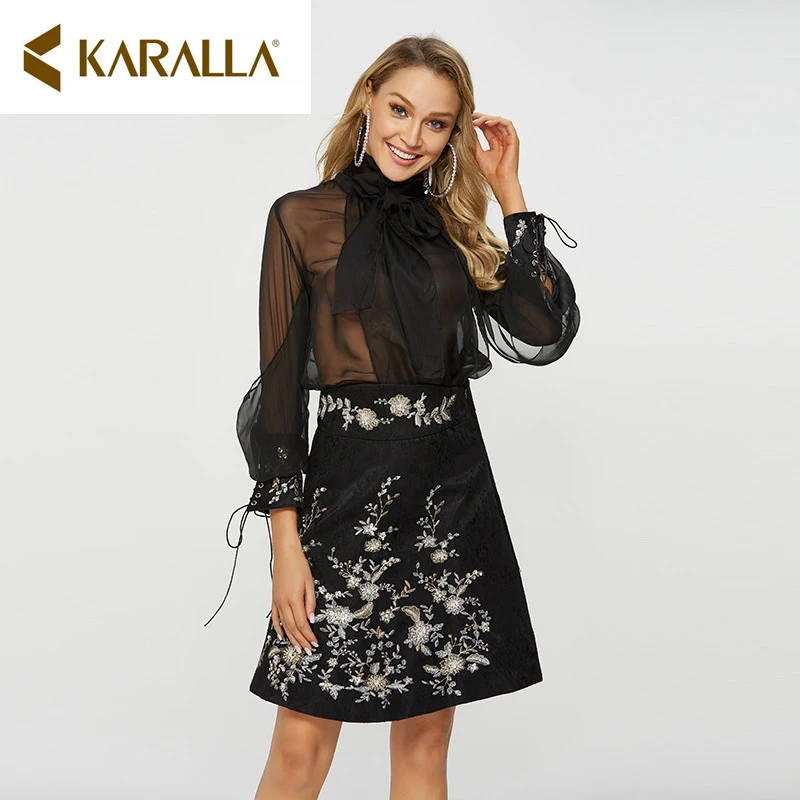 

2019 summer Korean version Floral Embroidered Cord Skirt Black empire Pencil Above Knee Skirt Women Tribal Corduroy Skirt