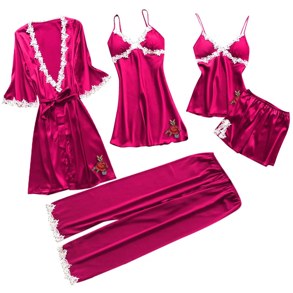 Женская ночная одежда, ночное платье, часть ночного белья, Эротическое нижнее белье, шелковая атласная ночная рубашка с v-образным вырезом, Ночная одежда, женская одежда для сна, платье, костюм - Цвет: Deep rose red