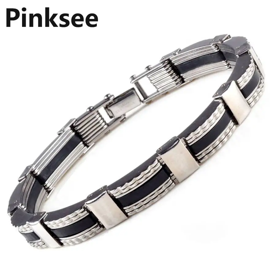 316L Stainless Steel Bracelets Silver Tone Rubber Mens Bracelet Bangle