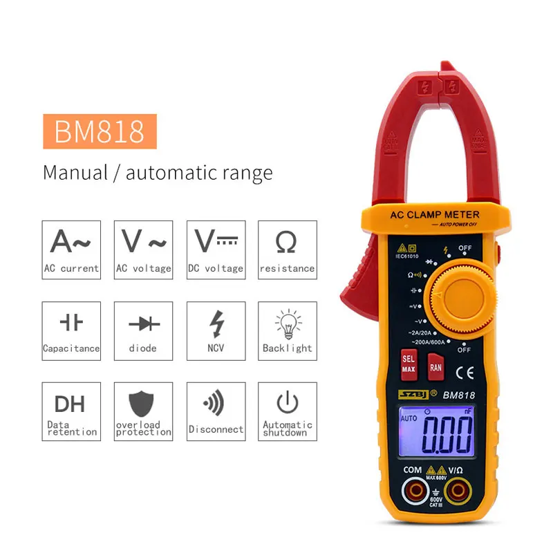 SZBJ BM818 BM819 Ammeter ACV/DCV ACA Auto Range Measurement of large capacitance NCV Digital clamp meter - Color: BM818