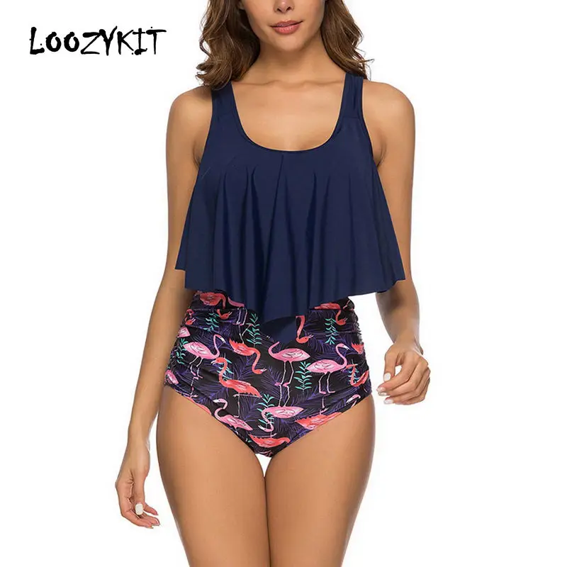 

LOOZYKIT 2019 Women Sexy Two Pieces Swimsuits Ruffled Printing Swimwear High Waisted Bottom Bikinis Female Casual Beach Swimsuit