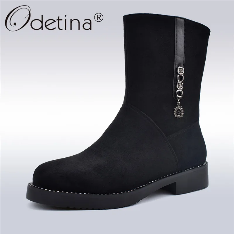 

Odetina Autumn Winter New Fashion Ankle Boots For Women Soft Low Heels Zipper Crystal Female Boots Thick Plush Shoes Big Size 41