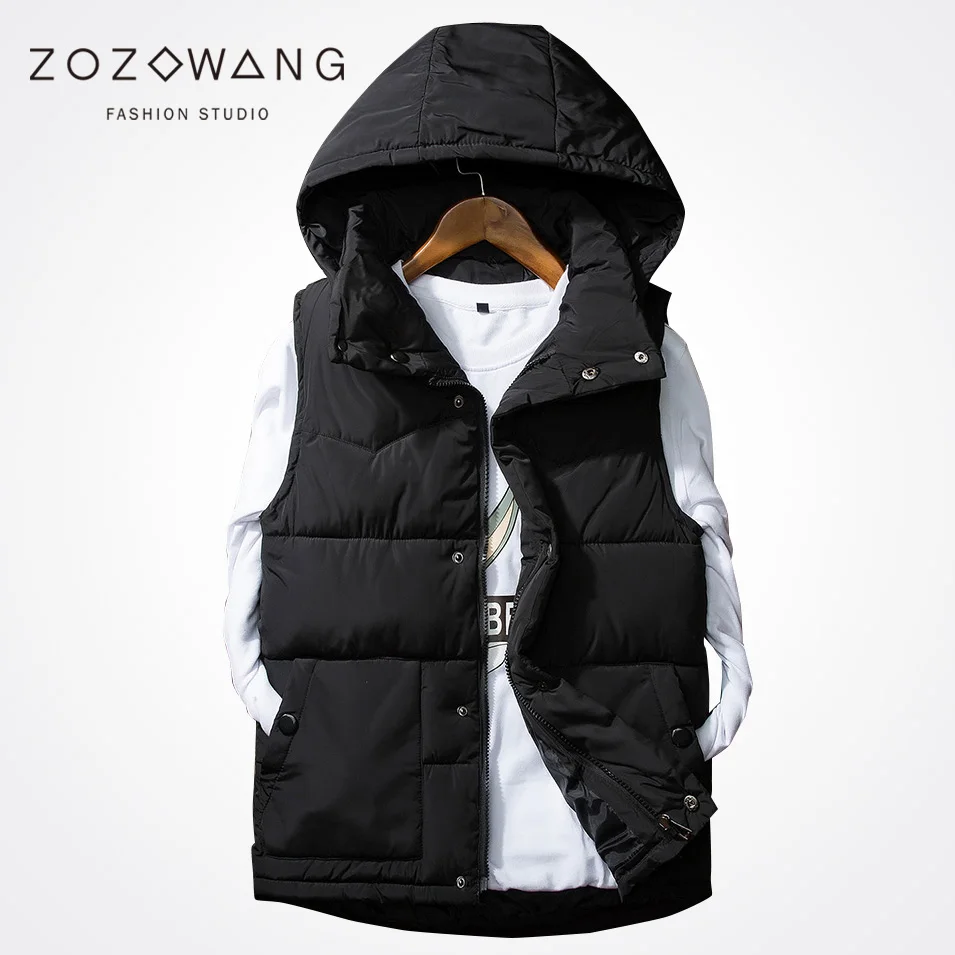Zozowang new 2017 solid hooded short casual winter vest jacket men fashion zipper pocket  loose winter waistcoat men black 
