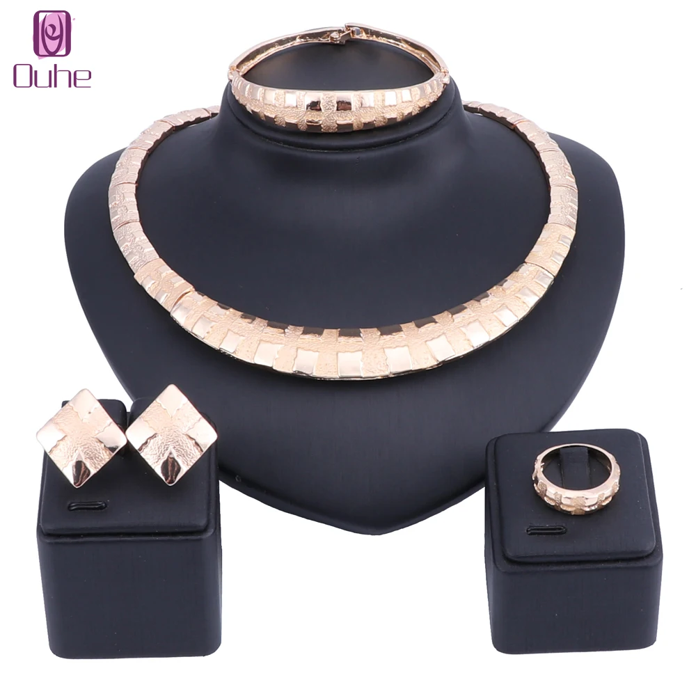 

Fashion Dubai Necklace Earring Ring Jewelry Sets For Women Choker African Beads Jewelry Set Gold Color Bridesmaid Jewerly Sets