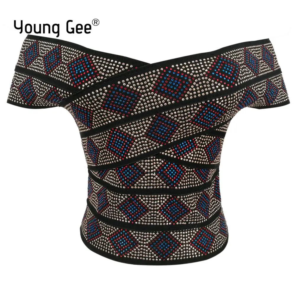 

Young Gee Crystal Plaid Sexy Fashion Women Mujer Verano 2019 Tank Tops Vest Bandage Off the Shoulder Crop Top Tees Shirt
