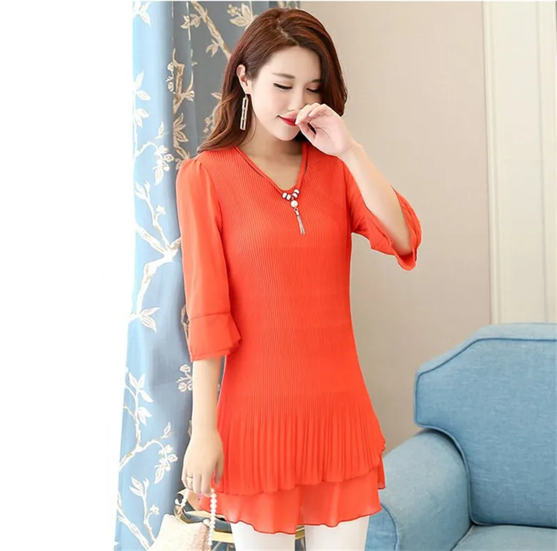 TEAEGG New Elegant Women Chiffon Blouses Office Lady Half Sleeve Shirt Formal Blusas High Quality Plus Size 5XL Tops AL855 - Цвет: orange