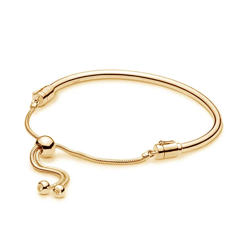 

2019 New 925 Sterling Silver Bead Charm Bracelet Fit Original Moments Shine Gold Sliding Pans Bangle Women DIY Jewelry Gift