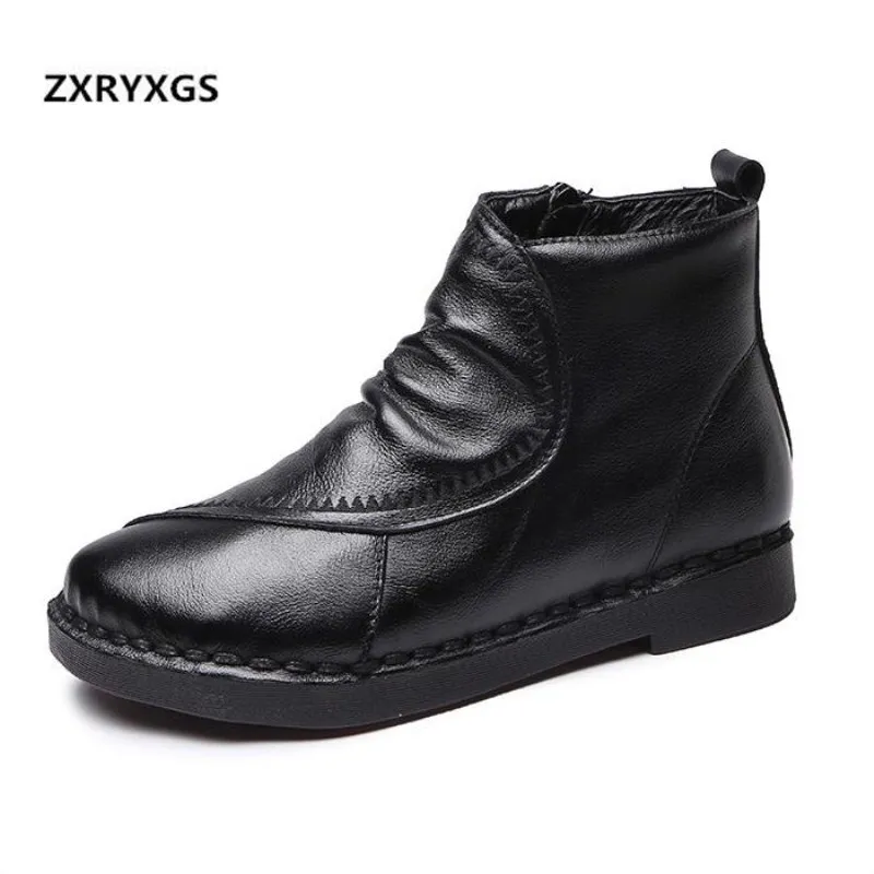

2018 Winter New Elegant Retro Cowhide Leather Shoes Woman Ankle Boots Fashion Embroidery Women Boots Non-slip Warm Shoes Boots