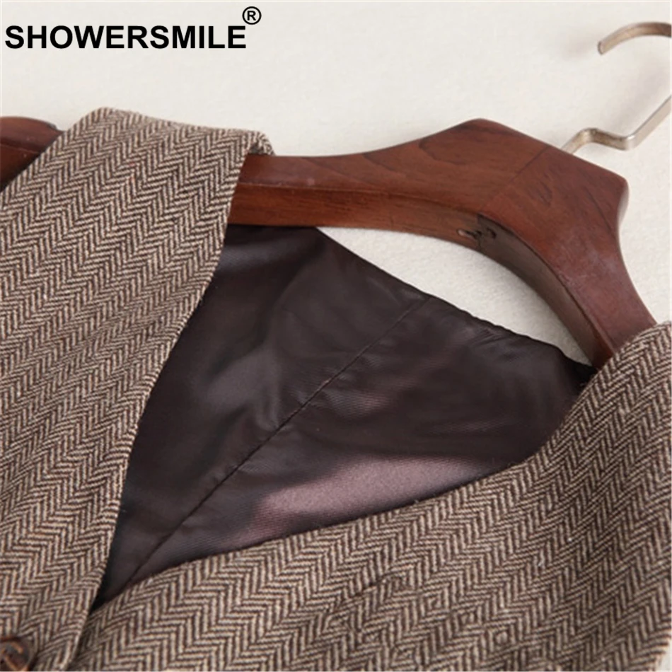 SHOWERSMILE Tweed Wool Herringbone Women Vest Autumn Brown Waistcoat Short Striped Vintage Female Slim Fit England Style Jacket