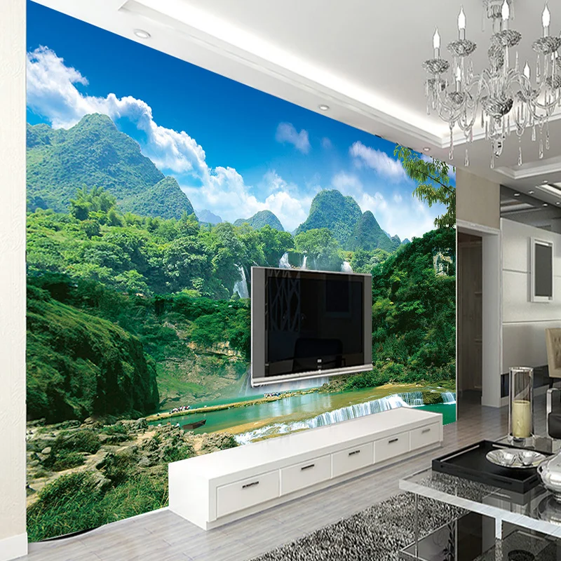 Пользовательские 3D настенные фрески обои природа пейзаж зеленый горный Водопад 3D нетканые фото обои домашний декор для Кабинета