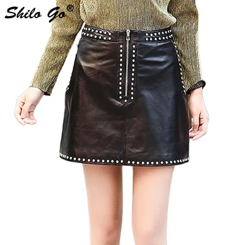 

Leather Skirts Womens Summer Fashion sheepskin genuine leather Skirts high waist rivet concise A Line short skirts