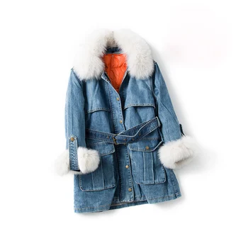 

real fox fur collar 2019 winter jacket women long denim coat 90% white duck down jacket thick warm long down parka outerwear