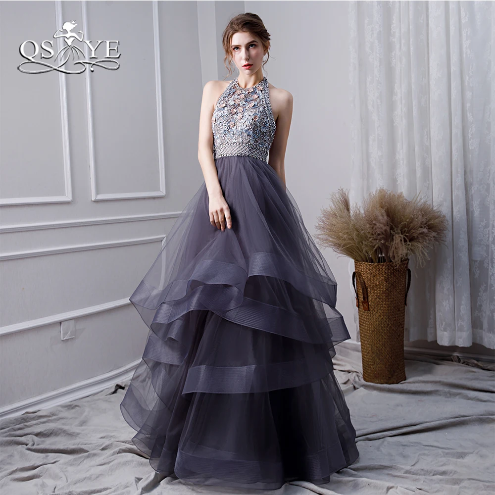 QSYYE 2019 New Gray Long Prom Dresses Robe de Soiree Halter Oneck Beading Flowers Tulle Sexy Open Back Evening Dress Party Gown