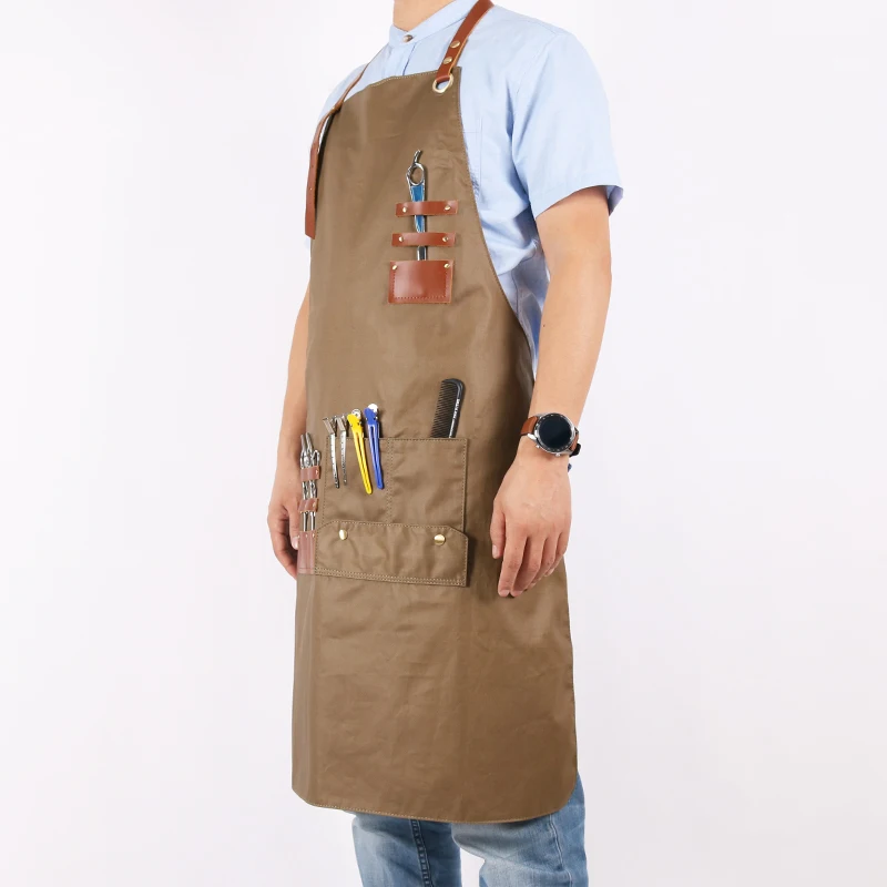 WEEYI Women Men Hairdresser Apron Cotton Bib Aprons Kitchen With Leather Straps Adult Apron For Work Barber Chef Drawing BBQ