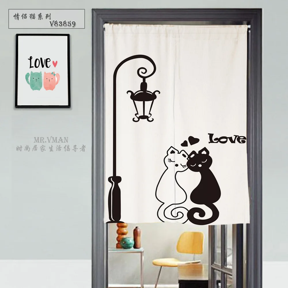 

Japanese Door Curtain Canvas Cartoon Cat Printed Short Curtains for Living Room Creative Kitchen Door Curtains Home Decoration