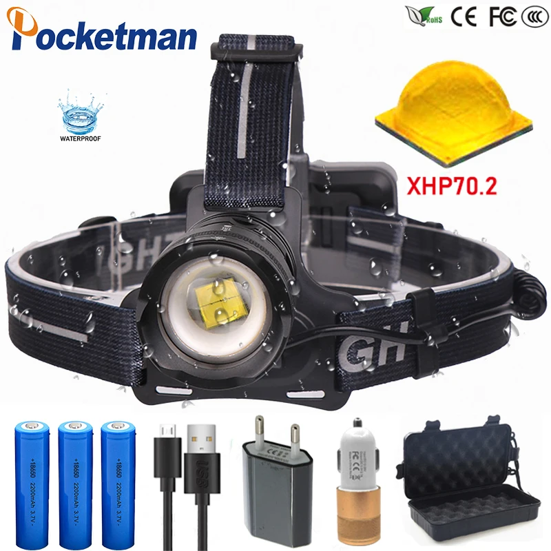 Offerte Più Potente 6600mA 50W XHP70.2 Led Del Faro Impermeabile Zoomable Del Faro potente testa del flash Testa della lampada della luce della lanterna regalo scatola di