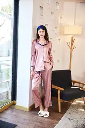 Высокое качество пижамы для Для женщин шелковые пижамы костюм с длинными рукавами Pijama Feminino пятно ночнушка шелковые свадебные пижамы из
