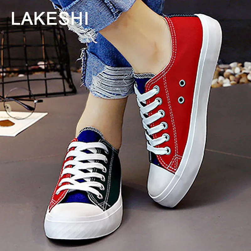LAKESHI Fashion Mixed Colors Women Shoes Casual Canvas Shoes Female Shoes 2018 New Arrival Shallow Shoes Lace Up Women Sneakers цена LAKESHI Fashion Mixed Colors Women Shoes Casual Canvas Shoes Female Shoes 2018 New Arrival Shallow Shoes Lace Up Women Sneakers цены онлайн