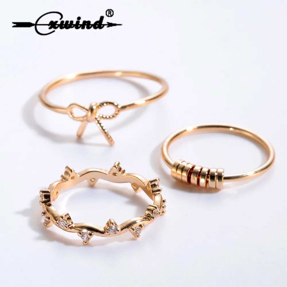 

3pcs/Set Crystal Joint Ring Sets for Women Girl Finger Fashion Gold Infinity Bow Knot Disc Nail Rings Above Knuckle Rings Set